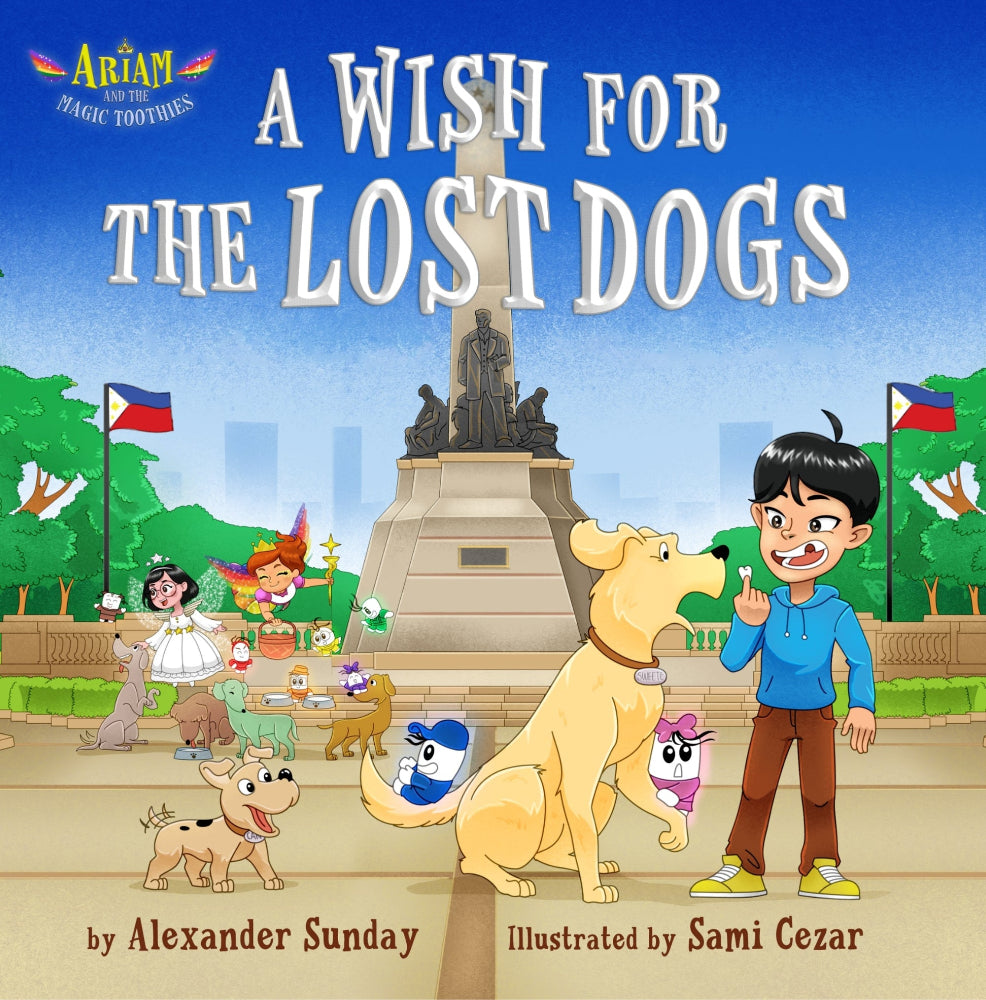 Book cover of 'A Wish for the Lost Dogs' featuring animated characters and a statue.