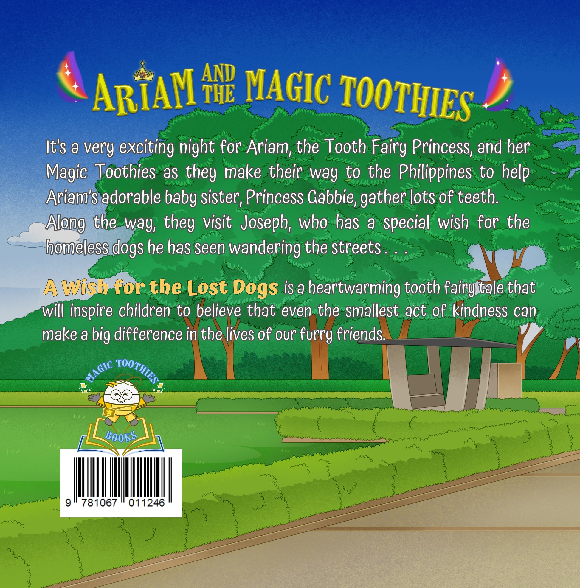 Back cover of a children's book titled 'Ariam and the Magic Toothies' with a cartoon illustration of a tooth fairy character.