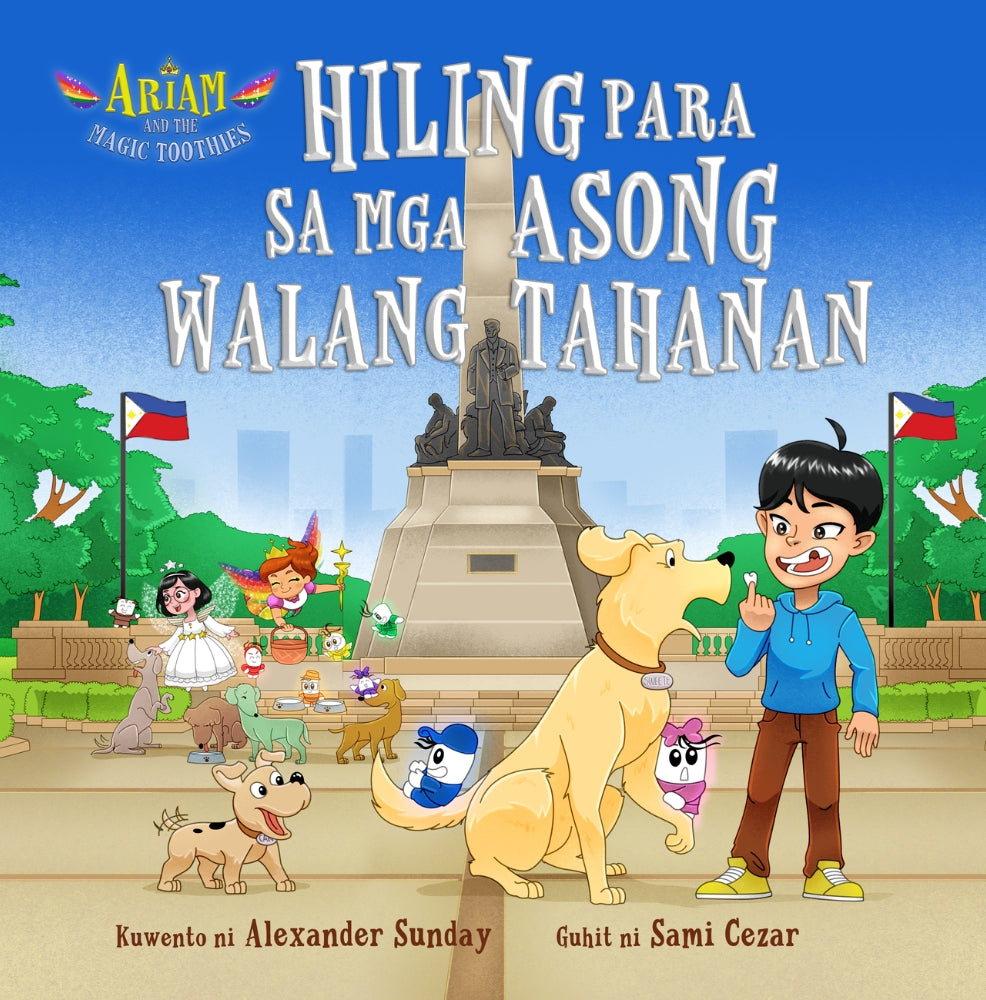 Filipino Tagalog Book cover of 'Ariam and the Magic Toothies' with cartoon characters and a statue in the background.