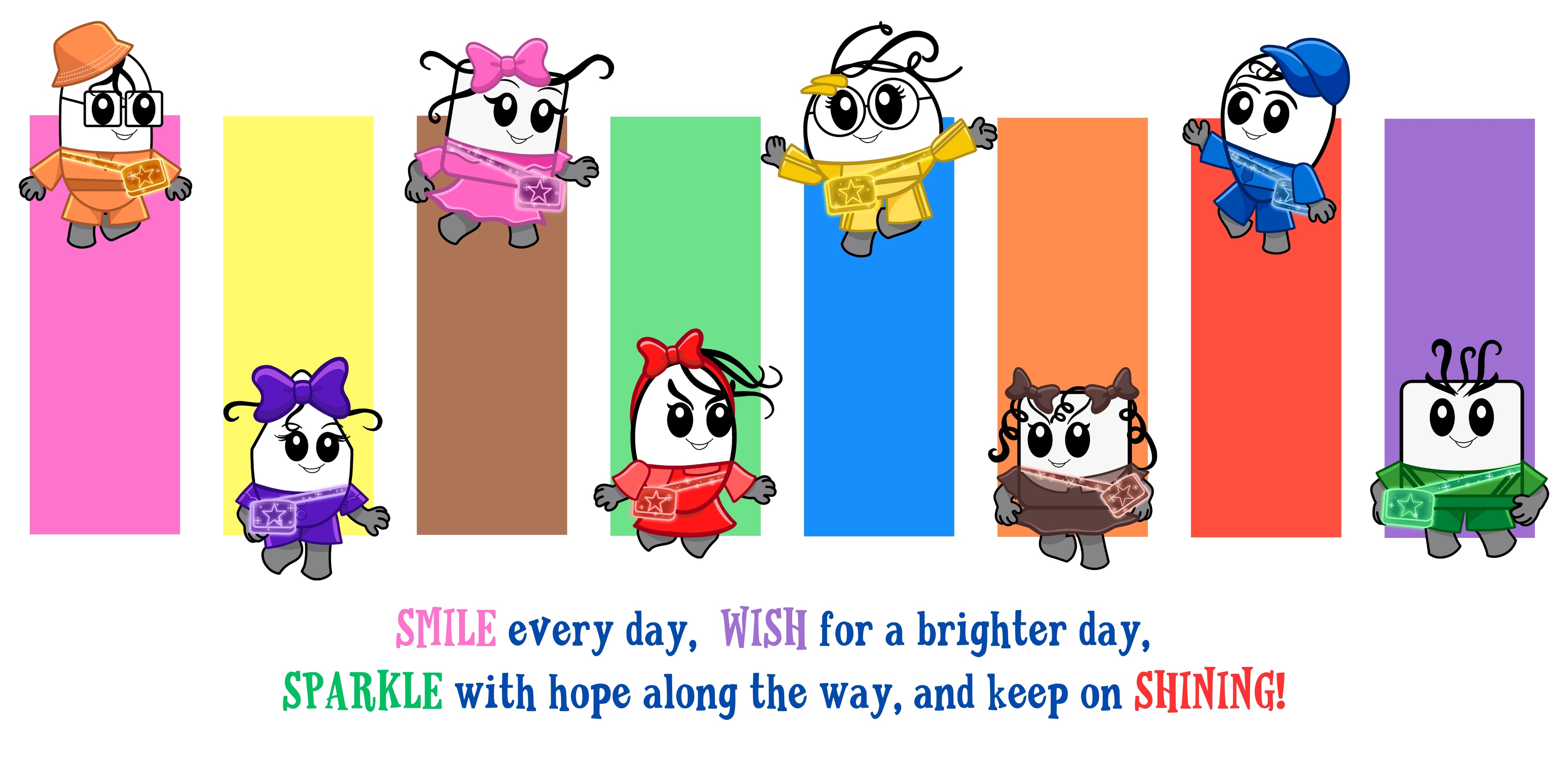 Magic Toothies Cartoon characters on colorful bars with motivational text