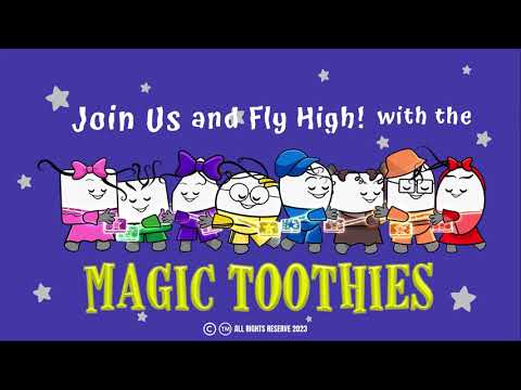 Vibrant illustration of 8 playful Magic Toothies dancing and hugging in a starry blue sky, showcasing joyful friendship and fun oral hygiene habits, from the enchanting children's book 'A Boy's Wish to the Tooth Fairy' Book 1, featuring colorful tooth fairy friends and magical adventures, promoting healthy smiles and sparkling teeth for kids, tooth fairy tales, and whimsical storytelling.